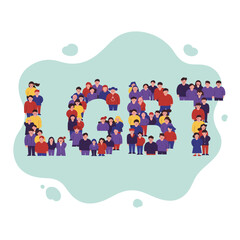 Fototapeta premium LGBT community diverse group of people forming letters with colorful clothing and inclusive representation vector illustration 