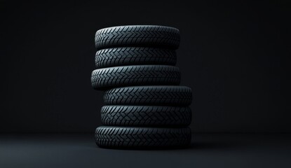 Stack of dark tires against a dark background