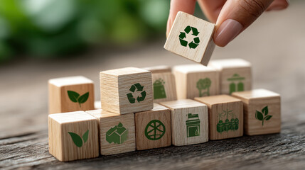 Wooden blocks with green eco icons such as energy, waste, and water management symbols on the ground