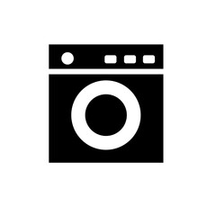 Minimalist washing machine icon widget.  Simple and clean filled icon in black. For icon interface, desktop, web and mobile apps. Vector illustration