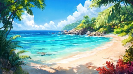 Idyllic tropical beach vista with azure sea and vibrant vegetation