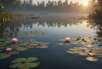Glowing water lilies floating on tranquil dawn lake surface, nature, flora