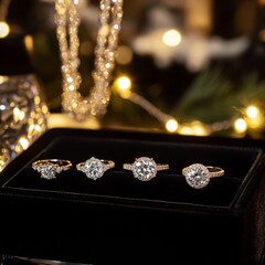 Four diamond rings in a velvet box, festive background