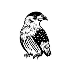 Monochrome illustration of a perched peregrine falcon with stylized feathers