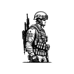 Stoic soldier's profile rendered in bold line art embodying strength and duty