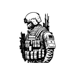 Stylized monochromatic illustration depicting a soldier in tactical gear facing left