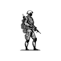 Silhouette of a Soldier in Full Combat Gear Standing Guard on Alert Duty