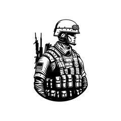 Monochrome illustration of a heavily equipped soldier standing at attention