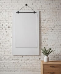 Stylish poster hanging from clips against a whitewashed brick wall  Home decor mockup ,  brick,  simple background,  house decor