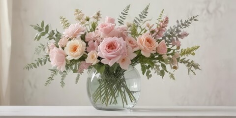 Pastel flower arrangement in a clear glass vase, painted with soft watercolor washes ,  blossom,  brushstrokes