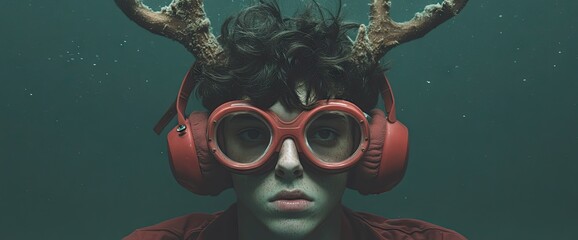 Boy with antler headpiece and red headphones submerged in murky water gazes forward