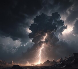 Dense, churning cloudscape, bright lightning bolt cuts through darkness ,  natural light,  intense,  atmospheric pressure
