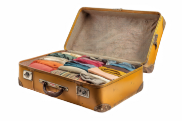 Vintage yellow suitcase packed with colorful clothes ready for travel trip on transparent background