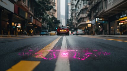 Obraz premium Urban street scene with futuristic holographic overlay.