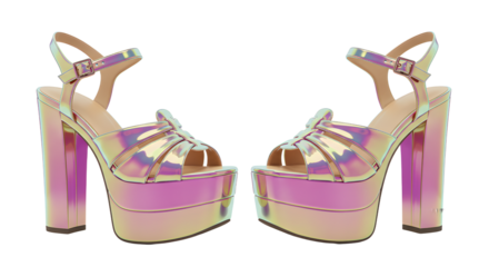 Stylish holographic platform sandals with a chunky heel displayed against a white background, perfect for fashion shoots