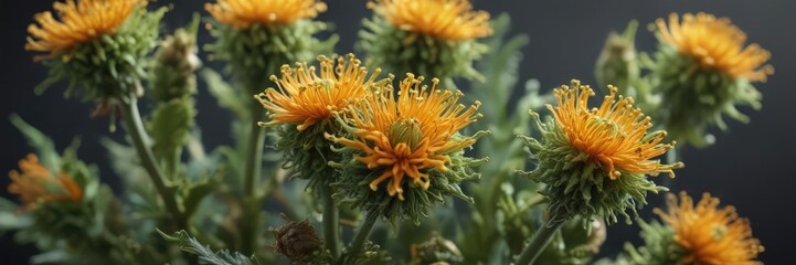 Vibrant green buds with orange pistils and trichomes, high-resolution, nature, macro