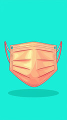 Colorful illustration of protective face mask with ear loops, set against vibrant turquoise background, symbolizes health and safety