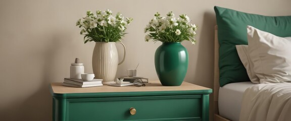 Emerald green bedding, beige nightstand, stylish vase with flowers ,  minimalist,  style