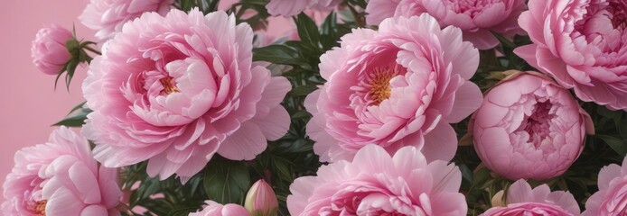 Dense cluster of pink peonies, soft pink backdrop, floral background, bloom, soft pink