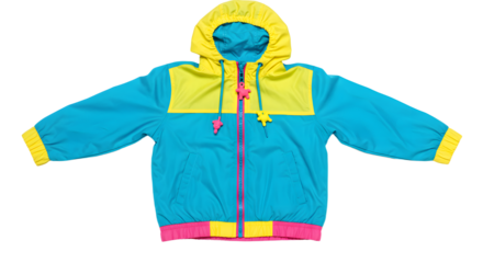Vibrant blue and yellow windbreaker jacket displayed against a plain background, ideal for showcasing fashion trends