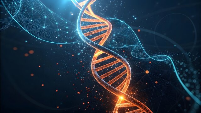 Digital DNA Helix Illustration with Glowing Blue and Orange Effects - Powered by Adobe