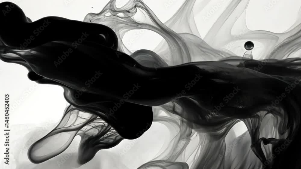 Poster mesmerizing abstract design of swirling black and gray ink in water, showcasing fluid movement and t