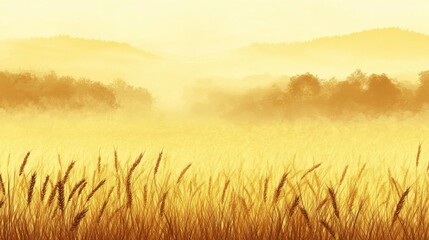 Fototapeta premium Golden Wheat Field in Misty Sunrise yellow gradient background