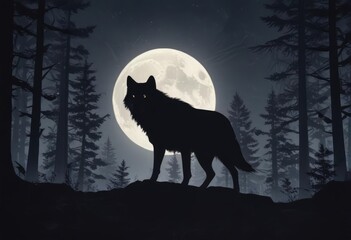 Silhouetted wolf, full moon backdrop, dense forest run ,  lunar,  branches