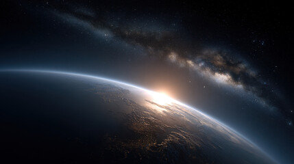 The Earth seen from space, with the Milky Way galaxy in the background, a dark sky