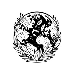 Stylized earth illustration featuring foliage and celestial elements in monochrome