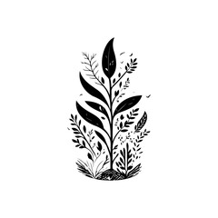 Stylized botanical illustration displaying lush foliage in monochromatic style