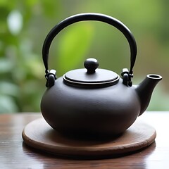 Elegant black teapot display natural setting still life photography tranquil atmosphere