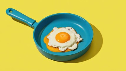 Fried egg in blue pan on bright yellow background with contrasting colors