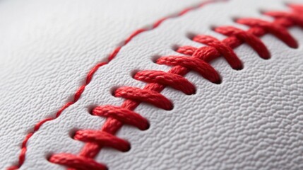 Product-style image of single baseball, white leather and vivid red thread showcased close-up