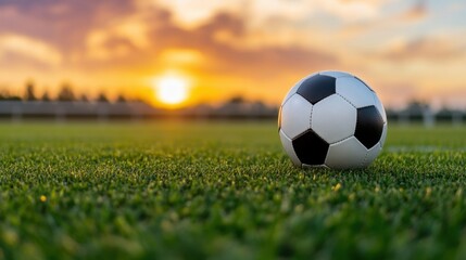 Fototapeta premium Realistic football photo with sunset backdrop, long shadows across the field