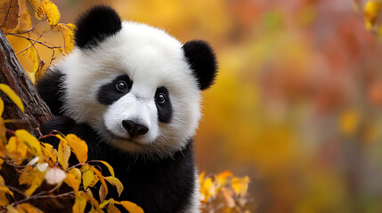 Naklejka premium A playful panda cub clinging to a tree amidst vibrant autumn leaves in a serene forest setting
