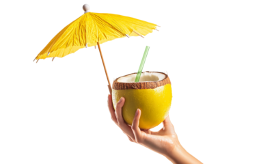 Smiling woman holding a fresh coconut with a straw and umbrella, ready for a refreshing tropical drink isolated on white background PNG