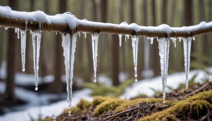 Icicles hanging from a branch in a snowy forest.  Close-up of frozen water formations