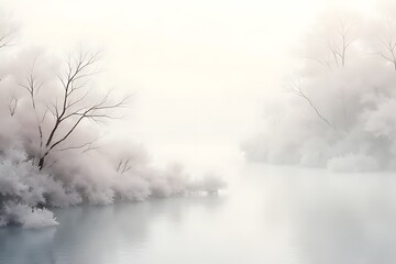 Serene misty landscape reflection tranquil river digital art soft atmosphere peaceful view