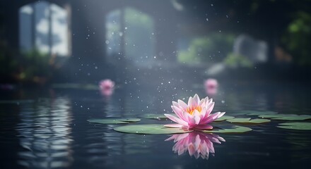 A blooming lotus flower floating on the calm surface of a lake, with soft light reflecting on the water, creating a serene and harmonious atmosphere