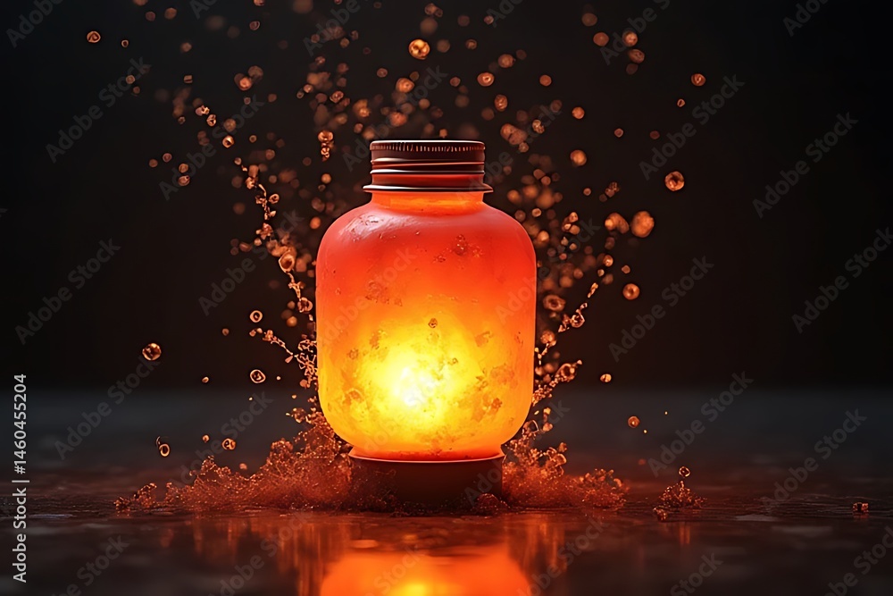 Poster close-up artistic photography dynamic splash of light from an illuminated bottle on dark background