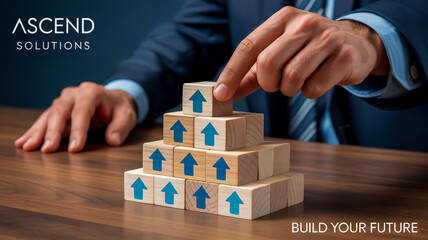 A close-up photograph of hands in business attire building a pyramid structure with wooden blocks on a dark wooden surface