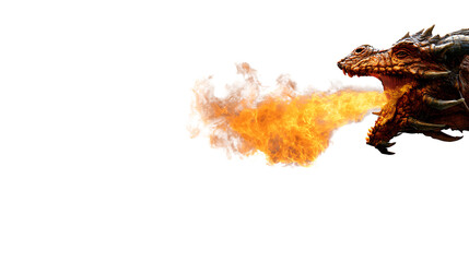 Fototapeta premium Fierce dragon breathing fire against a plain background, showcasing mythical power and fantasy elements