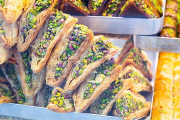 Popular Turkish Baklava dessert with delicious fillings on the market in Turkey...