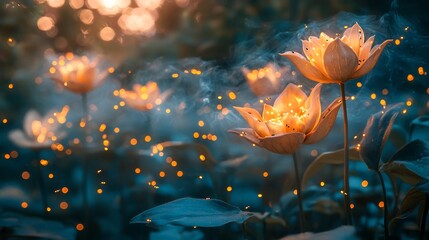 Enchanted moonlit garden glowing flowers and fireflies mystical fog swirling around the plants cinematic night magic