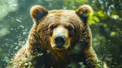Double exposure art of a brown bear superimposed with a forest conservation scene.