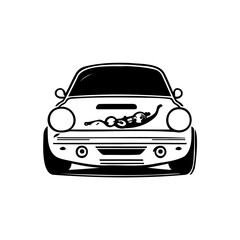Obraz premium Vintage car front view with abstract figure black and white illustration