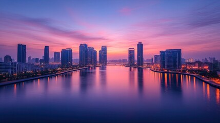 Dubai Downtown City Skyline Featuring Modern Luxury Skyscrapers at Dusk 