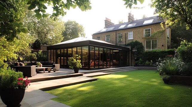 A modern light-filled side return extension featuring skylights and seamless glass walls, offering a breathtaking view of a landscaped garden, blending architecture with nature 