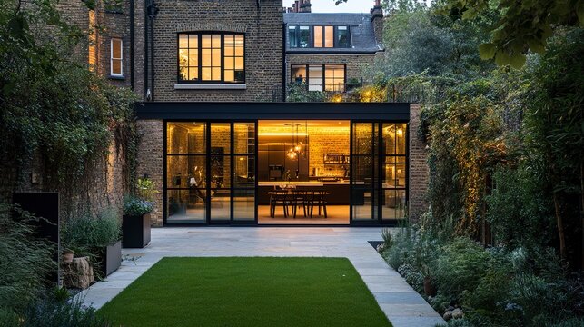 A modern light-filled side return extension featuring skylights and seamless glass walls, offering a breathtaking view of a landscaped garden, blending architecture with nature 